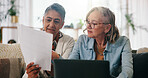 Lesbian couple, old women and laptop in home for retirement planning, paperwork or investment. LGBTQ people, relationship and budget review with documents, meeting and savings for financial security