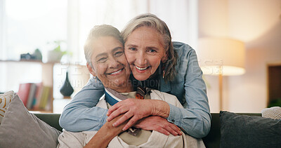 Buy stock photo Lesbian, portrait or couple in house with hug, commitment or bonding together on weekend break. LGBTQ, happy or mature women with embrace, connection or romantic moment in healthy relationship.