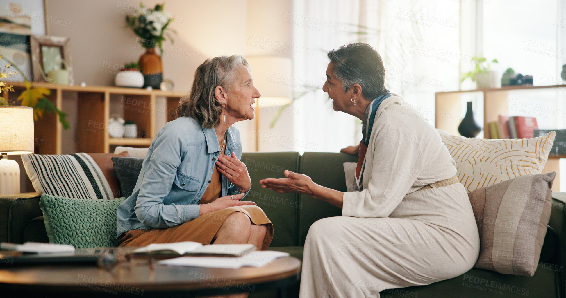 Buy stock photo Lesbian couple, fight and argument on sofa with stress, retirement or bad credit score at home. Senior women, partner and conflict with financial crisis, mistake and frustrated on couch at apartment