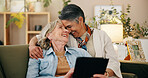 Tablet, mature and lesbian couple in house with love, connection and bonding together on weekend. Happy, lgbt people and relax in living room with digital tech, relationship commitment and support.