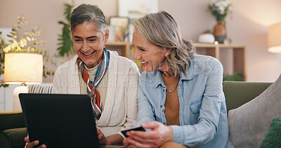 Buy stock photo Friends, women and laptop in home with credit card, sign up or holiday planning. Mature people, sales discount and budget review with website, payment and savings for online banking or ecommerce