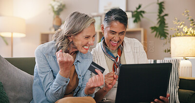 Buy stock photo Friends, excited women and laptop with credit card, online discount or holiday planning in home. Mature, female people and celebration with website, payment and savings for ecommerce or promo