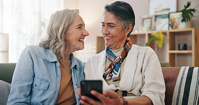 Buy stock photo Friends, smartphone and old women in home, funny meme and digital app for social media. Pensioner, online humor and elderly people on sofa, relax or cellphone for website info, connection or laughing