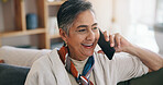 Mature, happy woman or sofa with phone call for conversation, discussion or friendly chat in home. Female person, talking or smile with mobile smartphone on couch for communication or gossip in house