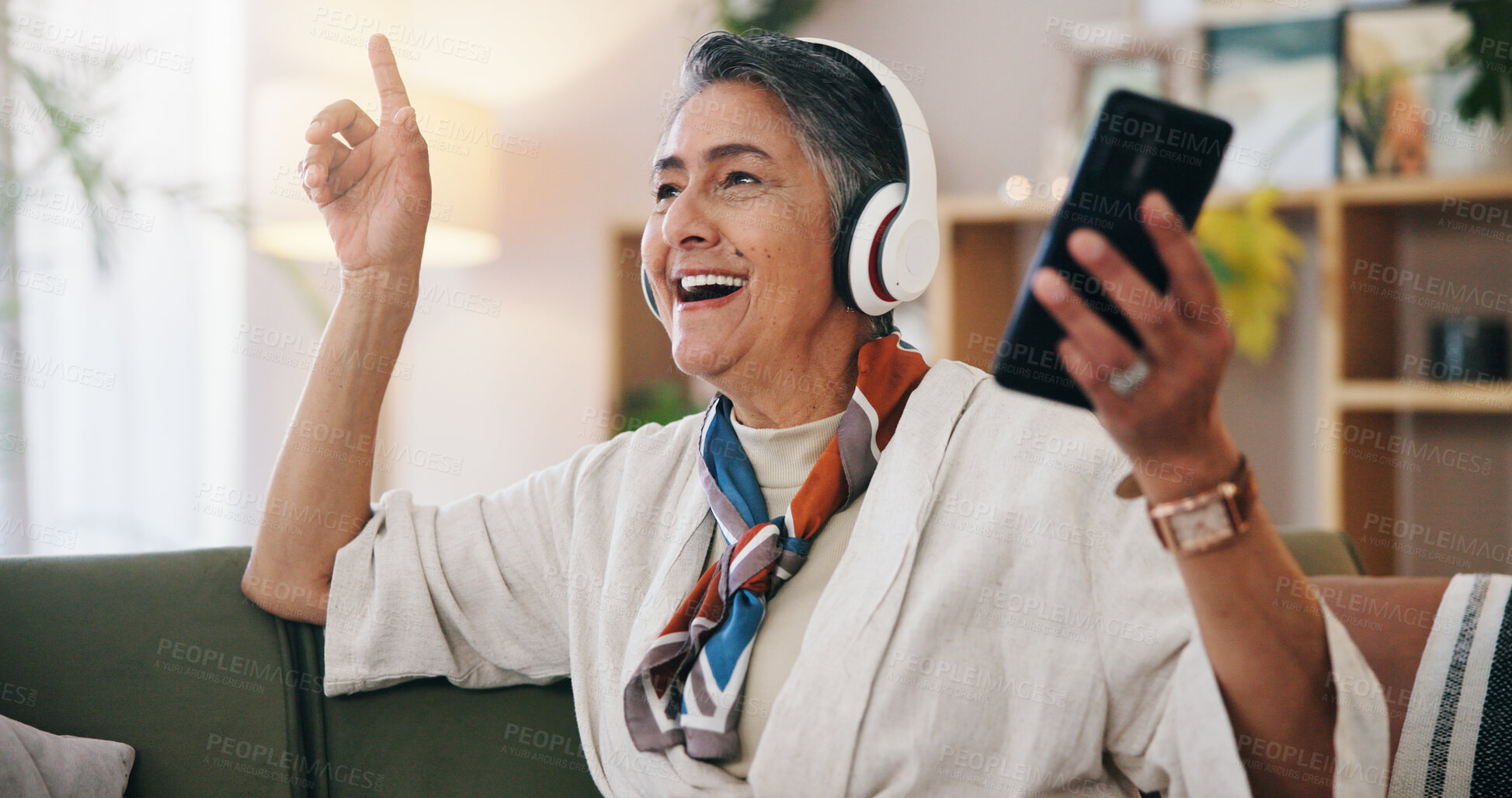 Buy stock photo Streaming, phone or woman in house with headphones, song connection or listening to music playlist. Happy, digital or mature person with tech, feeling beat or radio subscription on audio app.