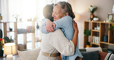 Buy stock photo Old women, hug and happy for reunion in house, retirement and friends with support on break or love. Senior people, home and embrace with smile for visit, together and care for friendship and bonding