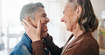 Lesbian, love or couple in house with happiness, commitment or bonding together on weekend break. LGBTQ, care or mature women with smile, connection or romantic moment in healthy relationship.