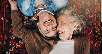 Buy stock photo Lesbian, above or couple on carpet with happiness, commitment or bonding on weekend break. LGBTQ, love or mature women in home with smile, connection or romantic moment in healthy relationship.