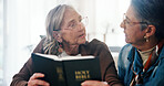 Conversation, bible and senior women in home with learning religion, gratitude or worship together. Holy book, reading and elderly female friends in retirement with studying for spiritual wellness.