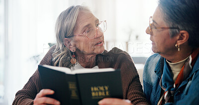 Buy stock photo Conversation, bible and senior women in home with learning religion, gratitude or worship together. Holy book, reading and elderly female friends in retirement with studying for spiritual wellness.