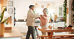 Dance, smile and senior couple in kitchen, romantic moment and retirement fun for anniversary celebration. Home, bonding and elderly people with support for healthy relationship, marriage and music