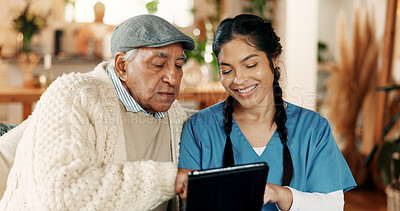 Buy stock photo Nurse, smile and tablet with old man in assisted living for advice, consulting or medical review. App, explain and instructions with healthcare woman speaking to senior patient in retirement home