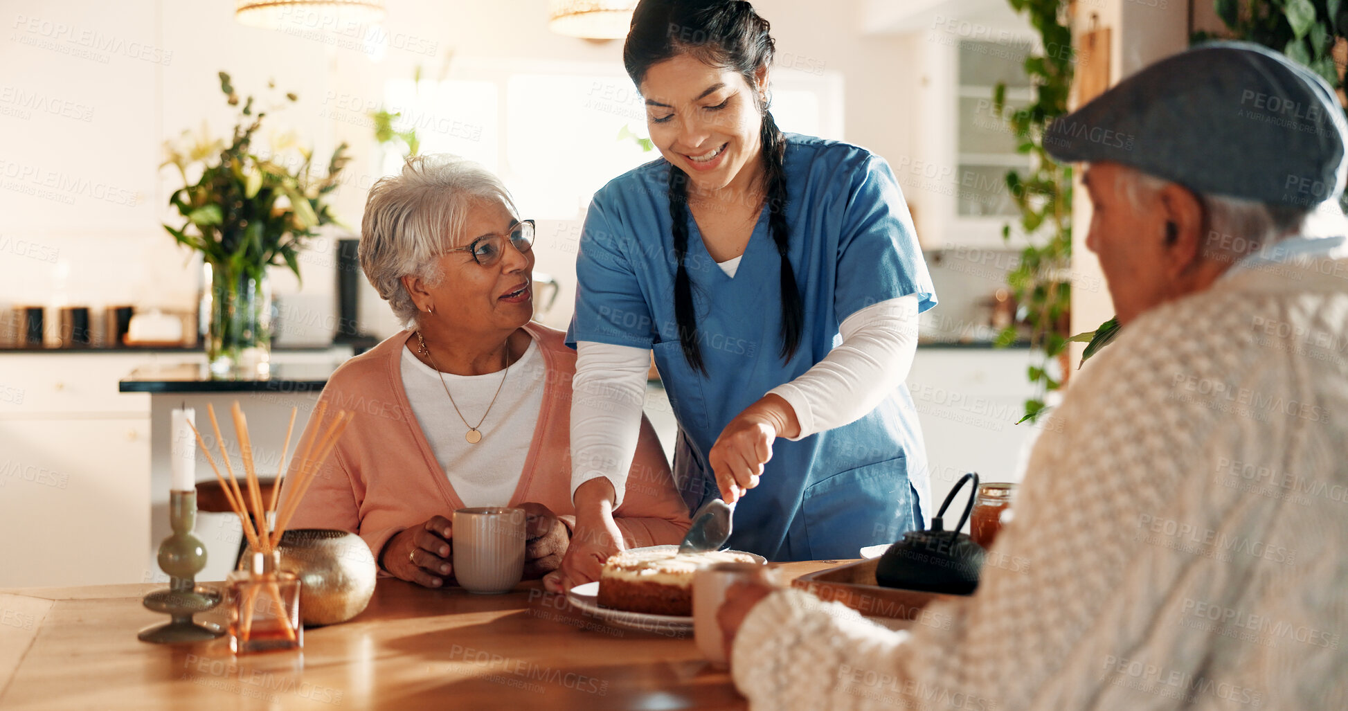 Buy stock photo Smile, caregiver and old couple with cake at house for good news, celebration and treatment success. Happy, nurse and senior people with dessert for tea time, assisted living and healthcare milestone