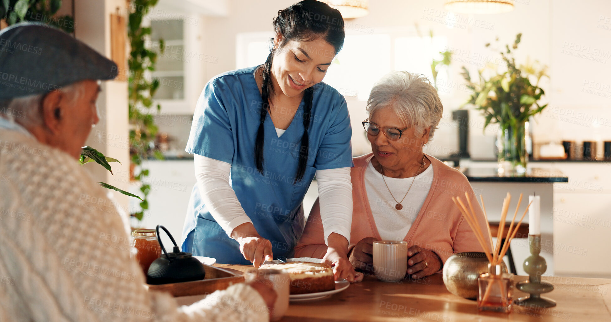 Buy stock photo Happy, caregiver and old couple with cake at house for good news, celebration and treatment success. Smile, nurse and senior people with dessert for tea time, assisted living and healthcare milestone