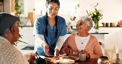 Buy stock photo Smile, caregiver and old couple with cake in home for good news, celebration and treatment success. Happy, nurse and senior people with dessert for tea time, assisted living and healthcare milestone