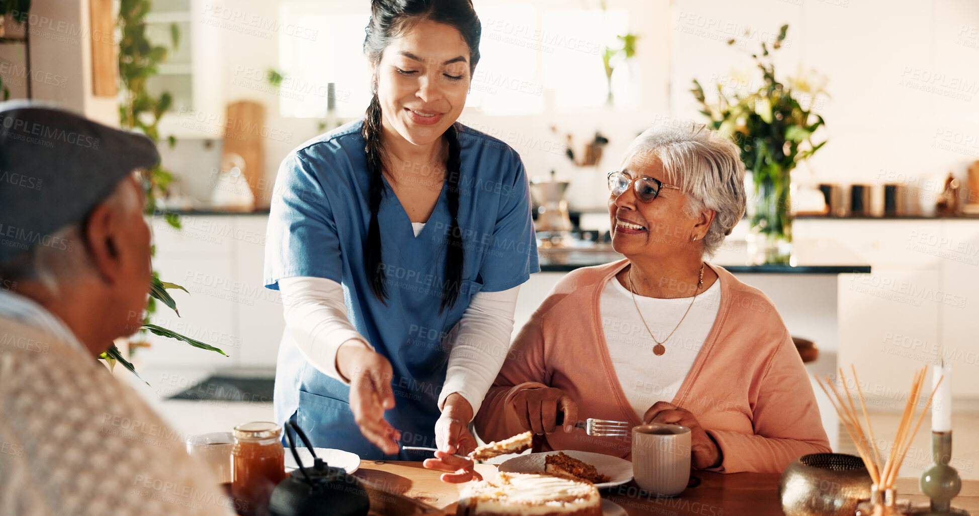 Buy stock photo Smile, caregiver and old couple with cake in home for good news, celebration and treatment success. Happy, nurse and senior people with dessert for tea time, assisted living and healthcare milestone