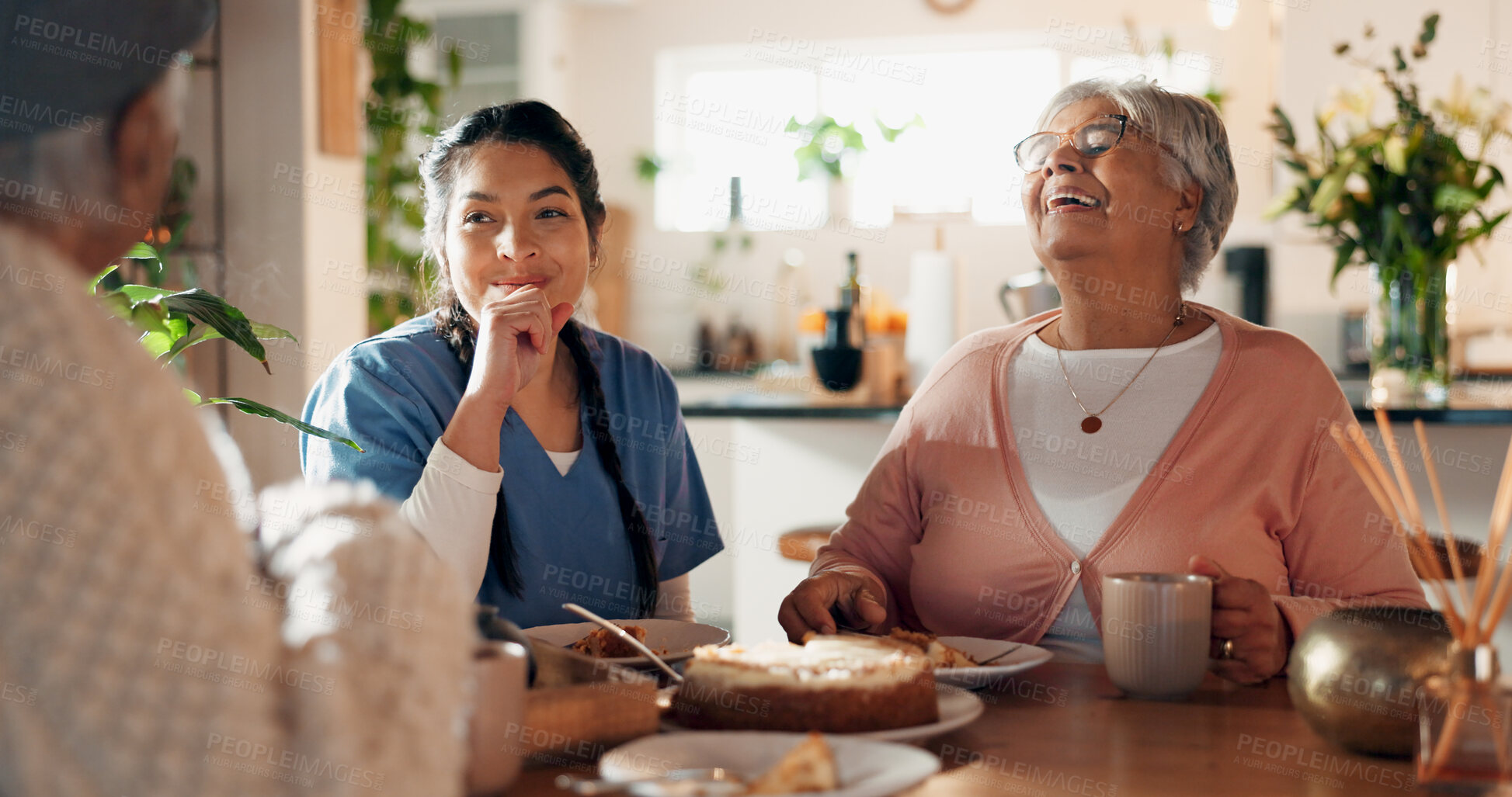 Buy stock photo Caregiver, talking and old couple with cake in home for good news, celebration or treatment success. Smile, nurse and senior people with dessert for tea time, assisted living and healthcare milestone