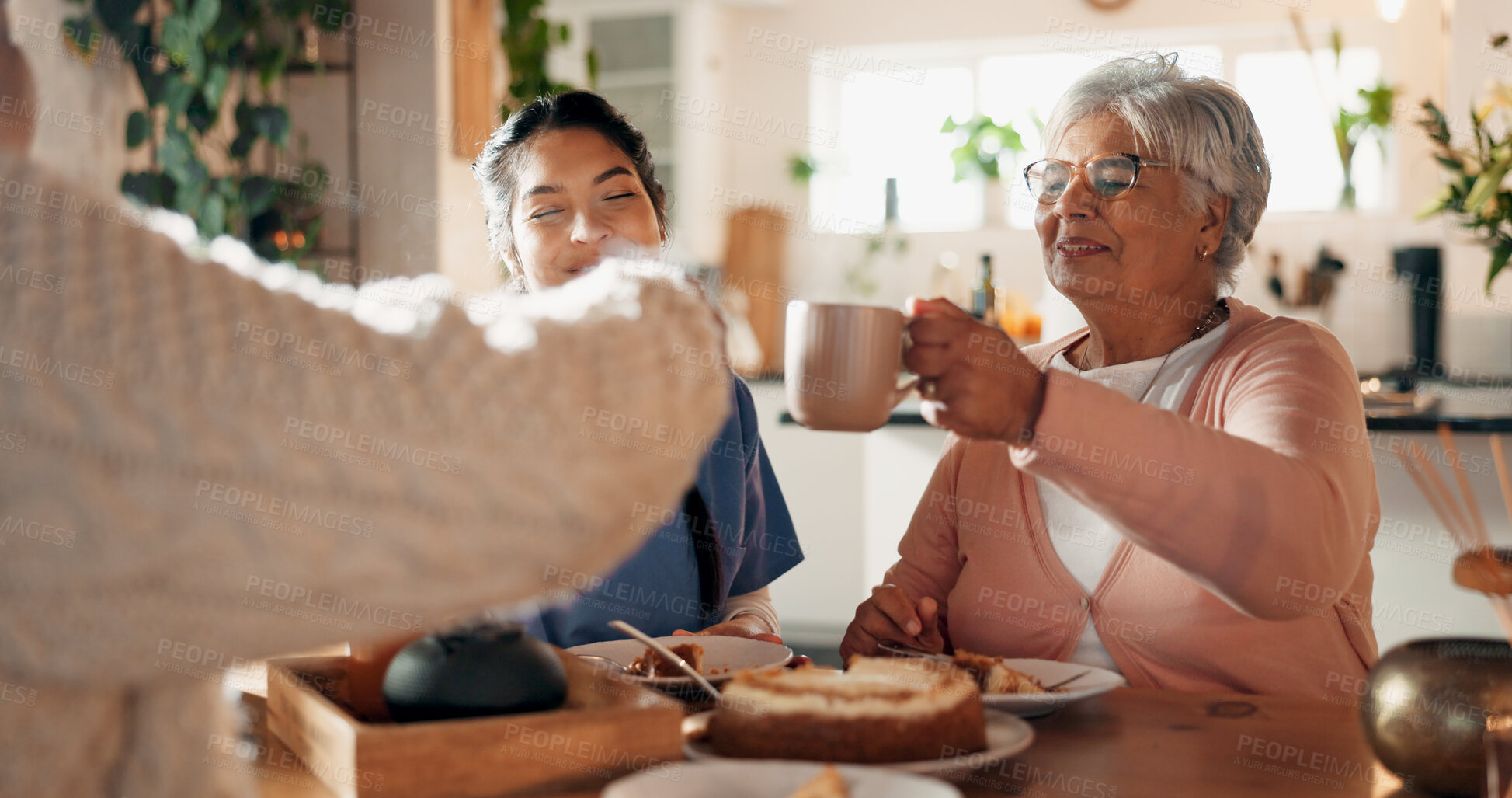 Buy stock photo Caregiver, old couple and cheers with coffee at house for good news, celebration and treatment success. Nurse, senior people and toast beverage for tea time, assisted living and healthcare milestone