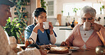 Smile, caregiver and old couple with coffee in home for good news, celebration and treatment success. Happy, nurse and senior people with drinks for tea time, assisted living and healthcare milestone