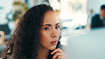 Business, woman and reading with computer in office for research, finance report and review policy. Thinking, person or coworking with pc for financial inquiry, risk assessment and insurance benefits