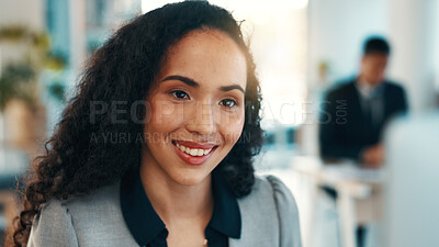 Buy stock photo Smile, business and woman with computer in office for research, finance report and review policy. Person, reading and coworking with tech for financial inquiry, risk assessment and insurance benefits