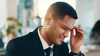 Buy stock photo Headache, strain or man in office with pressure, tiredness or brain fog in task management. Business, dizziness or employee in agency with migraine, discomfort or sore head with deadline crisis.