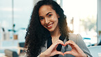 Happy, woman and portrait with heart hands in office for job gratitude, legal support and trust. Lawyer, employee and smile with love emoji at firm for career integrity, law appreciation and advocacy