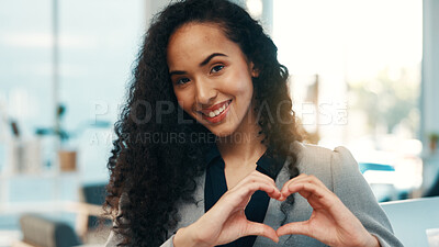 Buy stock photo Happy, woman and portrait with heart hands in office for job gratitude, legal support and trust. Lawyer, employee and smile with love emoji at firm for career integrity, law appreciation and advocacy