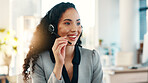 Call center, happy or woman in office with headset, contact us or investment advice in crm service. Assistance, business or finance consultant with mic, online banking or feedback in loan support.