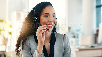 Buy stock photo Call center, happy or woman in office with headset, contact us or investment advice in crm service. Assistance, business or finance consultant with mic, online banking or feedback in loan support.