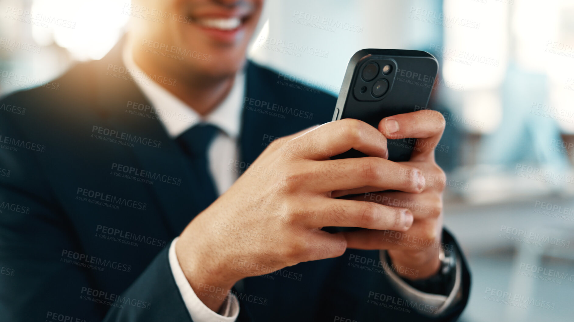 Buy stock photo Corporate, businessman and hands in office with phone, email notification and search company website. Person, typing and browsing in workplace with tech, text message and mobile app for social media.
