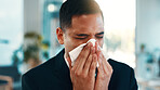 Sick, businessman and blowing nose in office with tissue, flu and cold symptoms at financial agency. Corporate, auditor and person in workplace with toilet paper, sinus infection or mucus congestion.