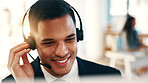 Call center, happy or man in office with headset, contact us or investment advice in crm service. Assistance, coworking or finance consultant with mic, online banking or feedback in loan support.