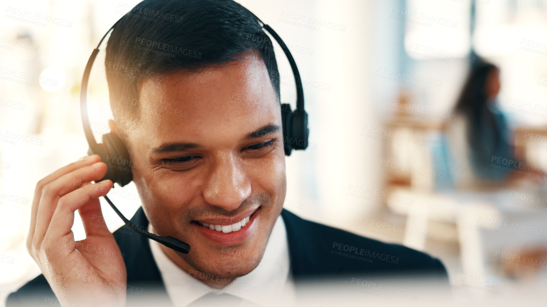 Buy stock photo Call center, happy or man in office with headset, contact us or investment advice in crm service. Assistance, coworking or finance consultant with mic, online banking or feedback in loan support.