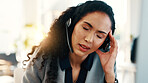 Stress, business and woman with headache at call center for account error, burnout and work pressure. Person, agent and migraine with tech support problem, customer complaint and brain fog in office