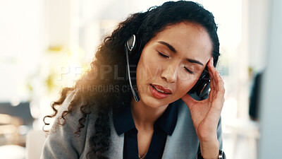 Buy stock photo Stress, business and woman with headache at call center for account error, burnout and work pressure. Person, agent and migraine with tech support problem, customer complaint and brain fog in office