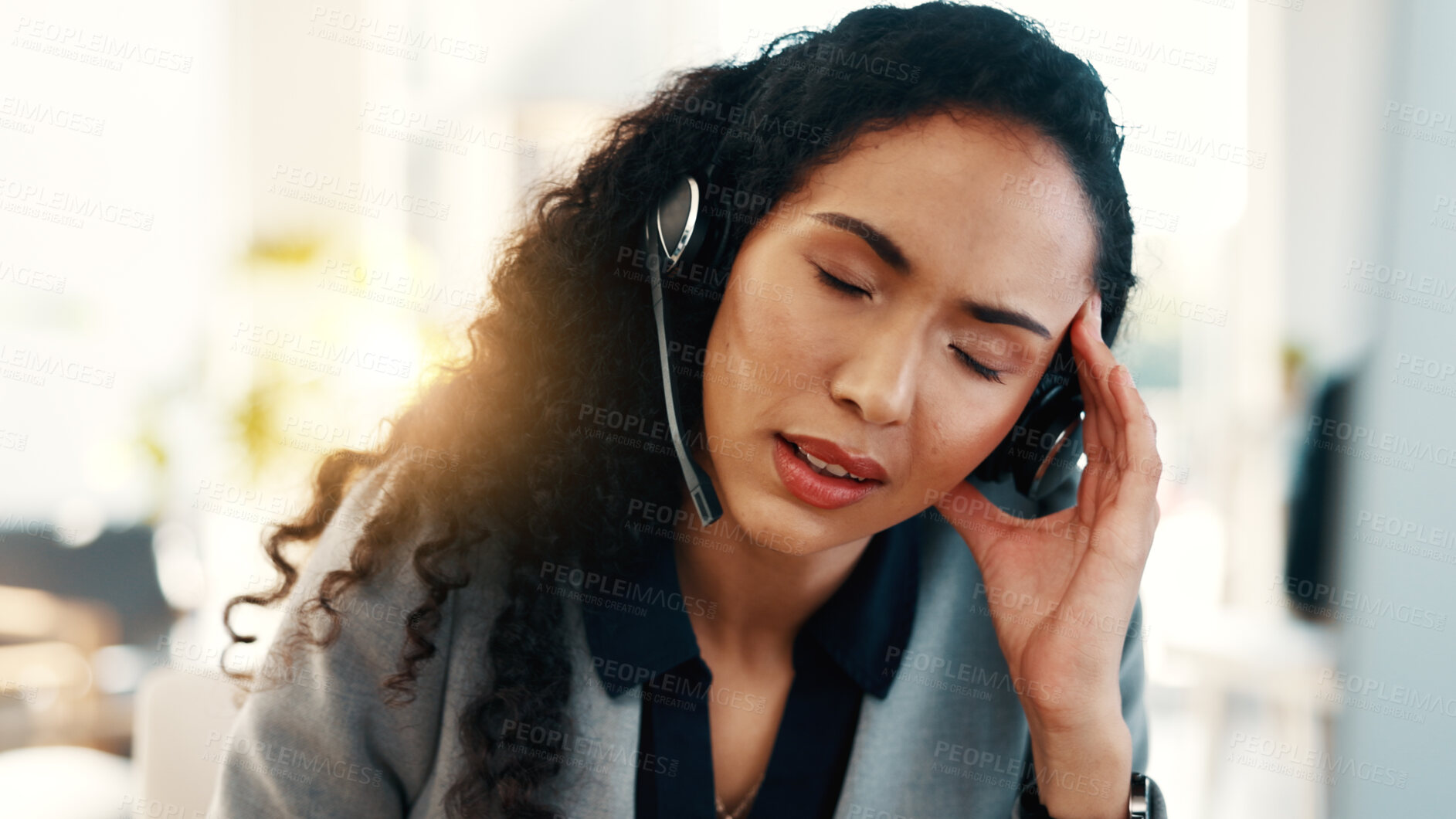 Buy stock photo Stress, business and woman with headache at call center for account error, burnout and work pressure. Person, agent and migraine with tech support problem, customer complaint and brain fog in office