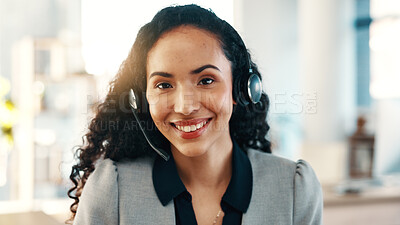 Buy stock photo Call center, portrait or woman in office with headset, contact us or investment advice in crm service. Assistance, happiness or finance consultant with mic, online banking or guidance in loan support