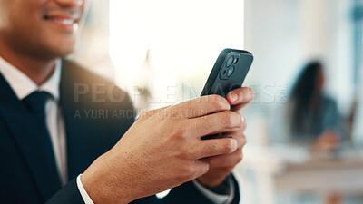 Buy stock photo Businessman, hands and typing in office with phone, email notification or website for financial agency. Corporate, person and tech in workplace with text message, news or mobile app for social media.