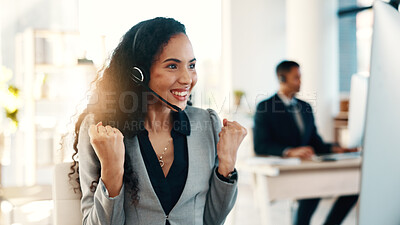 Buy stock photo Excited, woman and cheering with computer at call center for good news, sales target and bonus. Agent, coworking and fist bump with pc for positive feedback, telemarketing achievement and celebration