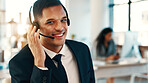 Call center, portrait or man in agency with headset, contact us or investment advice in crm service. Assistance, coworking or finance consultant with mic, online banking or feedback in loan support.