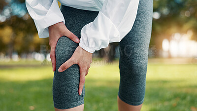 Buy stock photo Hands, knee pain and hurt at park, fitness and athlete with sprain after exercise or muscle tension. Outdoor, training accident and person with workout injury in nature, inflammation and leg fracture
