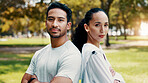 Couple, arms crossed and portrait with fitness at park, support and confidence for wellness in summer. People, partner and outdoor in nature with bonding, relationship and exercise in Indonesia