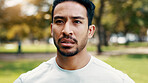 Serious, man and thinking of fitness at park, athlete and rest after exercise or training in morning. Outdoor, runner and person in nature post workout, reflection and cool down on break and wellness