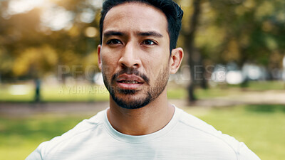 Buy stock photo Serious, man and thinking of fitness at park, athlete and rest after exercise or training in morning. Outdoor, runner and person in nature post workout, reflection and cool down on break and wellness