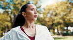 Serious, woman and thinking of fitness at park, tired and rest after workout or training in morning. Outdoor, runner and person in nature post exercise, reflection and cool down on break and wellness