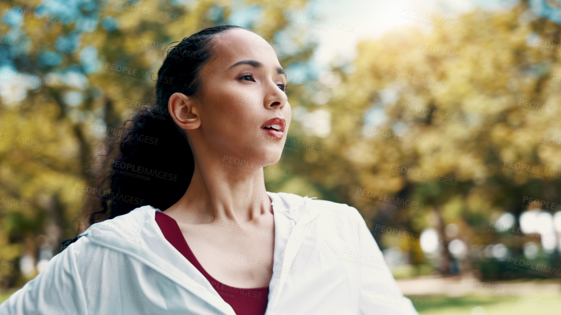 Buy stock photo Serious, woman and thinking of fitness at park, tired and rest after workout or training in morning. Outdoor, runner and person in nature post exercise, reflection and cool down on break and wellness
