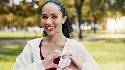 Buy stock photo Happy woman, portrait and fitness with heart hands in nature for health or outdoor workout. Active, female person or smile with like emoji, sign or shape for training, wellness or exercise in park