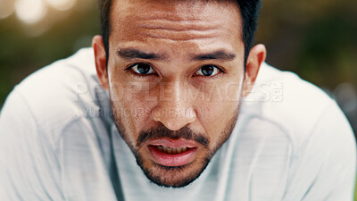 Buy stock photo Man, sweat and portrait for fitness at park, serious and exhausted with fatigue on break. Person, runner and outdoor with nature for exercise, cardio challenge and burnout for wellness in Cambodia