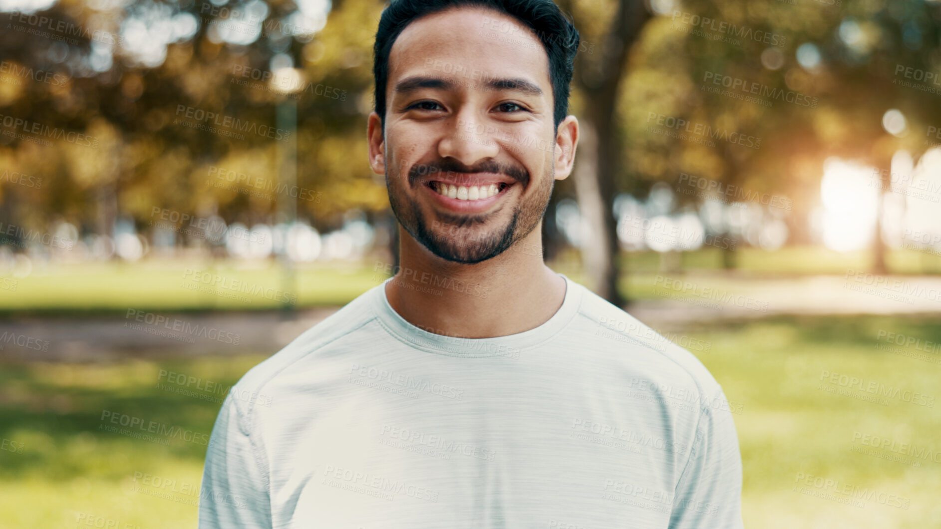 Buy stock photo Man, smile and portrait at park for fitness with confidence, pride and outdoor in urban town. Asian person, happy and runner with break in nature, sunshine or ready with wellness in Indonesia